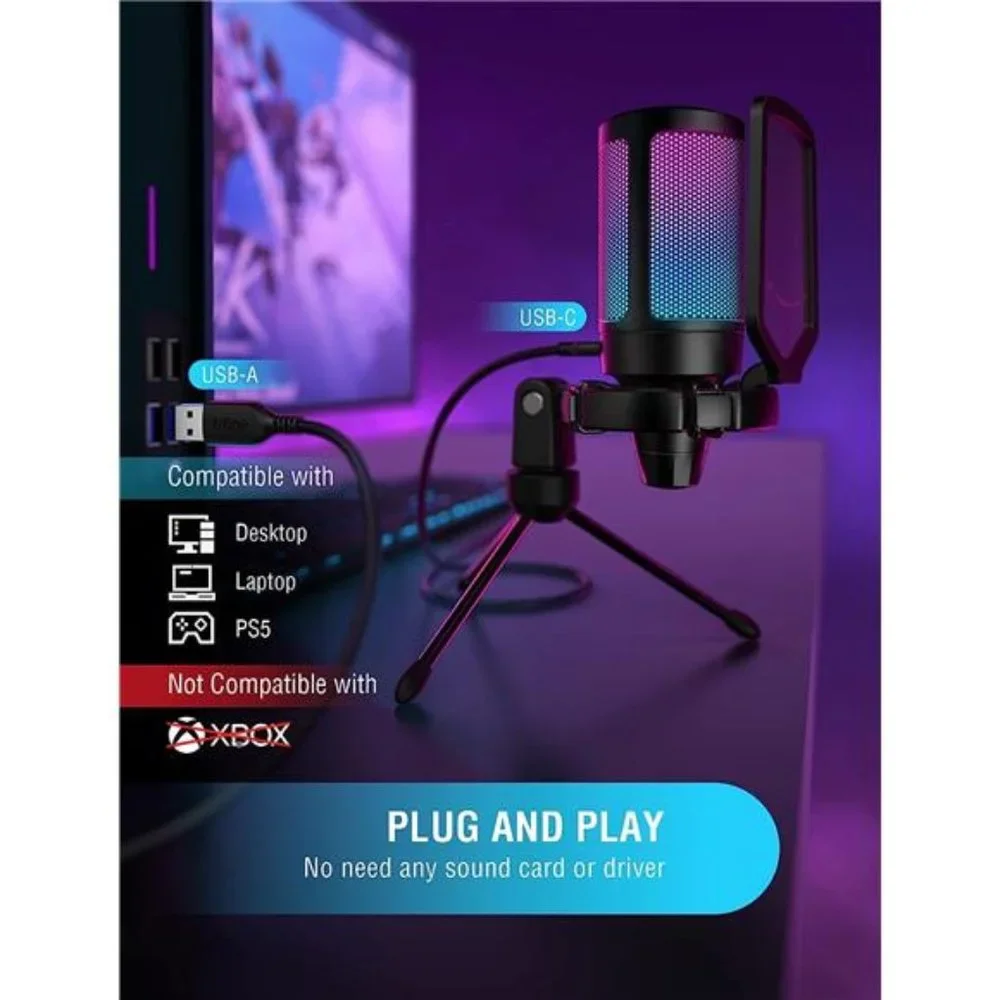 Gaming USB Microphone for PC PS5, Condenser Mic with Quick Mute, RGB Indicator
